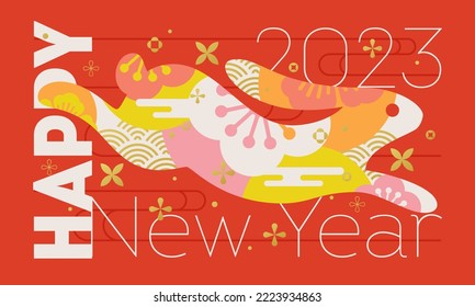 Happy 2023 New Year greeting card with running hare. Chinese lunar zodiac symbol of rabbit year for traditional chinas holiday spring festival