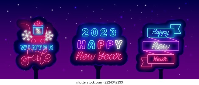 Happy 2023 New Year neon street billboards collection. December holiday emblem. Luminous advertisings set. Ribbon frame. Season greetings. Winter sale banner. Vector stock illustration