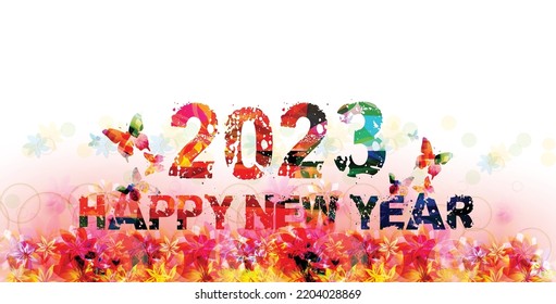 Happy 2023 New Year in red color. Vector illustration. Happy New Year floral banner with butterflies. Design for seasonal holiday greeting cards, flyers and party invitations	