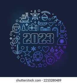 Feliz 2023 Año Nuevo vector contorno bandera azul - celebración navideña ilustración de concepto en forma de círculo sobre fondo oscuro