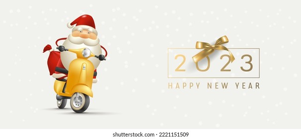 Happy 2023 new year vector background with noel baba. Christmas holiday season celebration scene. Banner or greeting card