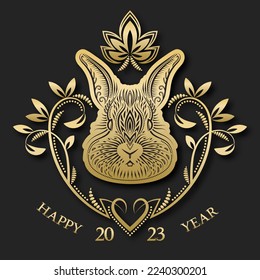 Happy 2023 Year golden black greeting card with Chinese symbol rabbit head in vintage wreath.