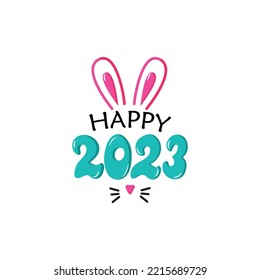 Happy 2023 year of rabbit. Large numbers with cute bunny ears. Chinese New Year symbol. Festive greeting card. Vector colorful illustration isolated on white background, hand lettering typography