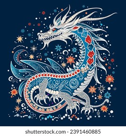 Happy 2024 Chinese New Year greeting card, year of the Dragon vector illustraton. Blue dragon on black background