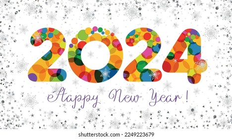 Happy 2024 greeting card concept. Festive style. Number template and snowy white background. Isolated elements. Winter backdrop. Creative design.