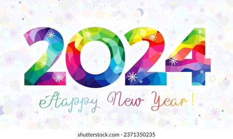 Happy 2024 greeting card concept.  Social media poster. Creative colorful number and snowy background. Isolated elements. Christmas decoration idea. Bright cute design. Winter abstract white backdrop.