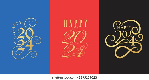Happy 2024 logo. With colourful background and golden type and design elements. Premium vector design for poster, banner, greeting 