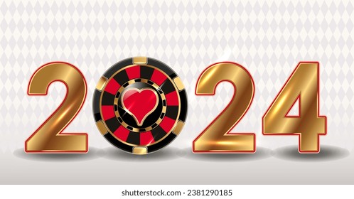 Glücklich 2024 neues Jahr mit Casino Herzen Poker Chip. Vektorgrafik