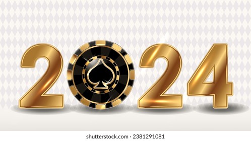 Happy 2024 new year with casino xmas poker spades chip. vector illustratio