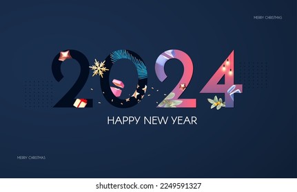 Happy 2024 New Year celebration with 3D elements: gift box, sowflake, star and so on. Cover, flyer and poster minimal design template