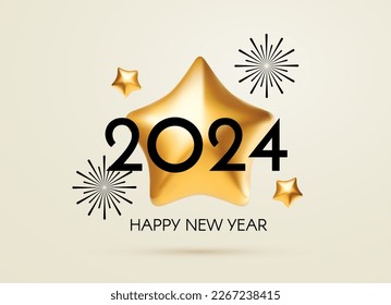 Happy 2024 New Year celebration with stars. Cover, flyer and poster minimal design template