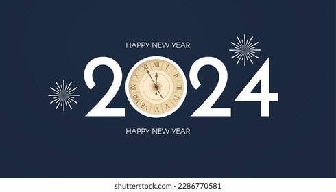 Happy 2024 New Year celebration with clock and fireworks. Cover, flyer and poster minimal design template