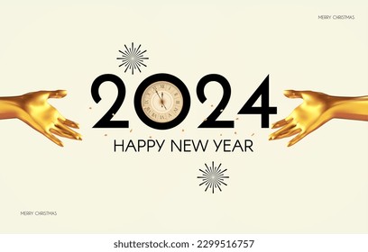 Happy 2024 New Year celebration with goldenn hand gesture. Cover, flyer and poster minimal design template