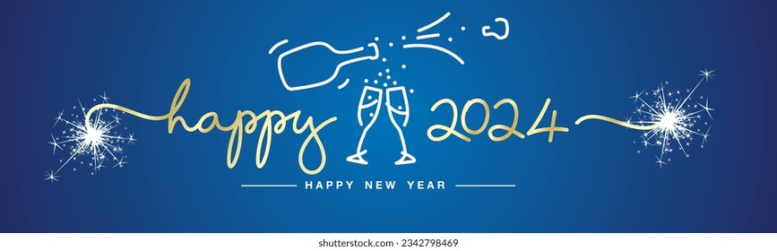 Feliz 2024 Año Nuevo diseño de línea escrita a mano tipografía formas 2024 con fuegos artificiales de destello blanco y botella de champán y gafas en banner de fondo azul