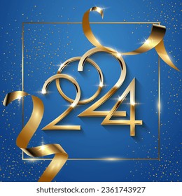 Happy 2024 New Year greeting card vector template. Festive Christmas social media banner design with congratulations. Golden 2024 numbers in square frame with confetti illustration on blue background.