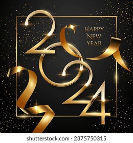 Happy 2024 New Year greeting card vector template. Festive Christmas social media banner design with congratulations. Golden 2024 numbers in frame with confetti illustration on black background.