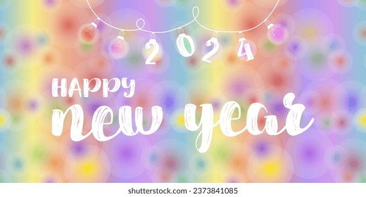 Happy 2024 New Year horizontal colorful banner. Abstract vector illustration with festive blur and garland