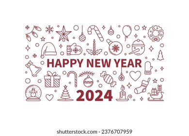Happy 2024 New Year vector outline simple horizontal Holidays concept banner
