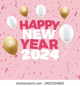 Happy 2024 New Year vector design. People holiday icon concept. Happy new year 2024 typography with balloons design background.