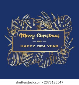 Happy 2024 poster. Lettering with tropical leaves. Christmas and New Year decor