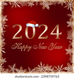 Happy 2024 vector illustration.Vector illustration of Happy New Year 2024 on a colored background with golden snowflakes and text.