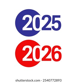 Frohe 2025 und 2026, Silvester feiert grafische Symbol. Kreatives Logo für Geschäfts- oder Geschäftsjahre. Flaches geometrisches Symbol mit blauer und roter Zahl 20, 25, 26. Webbanner. Geschenklogo. Eine Reihe von Konzepten.