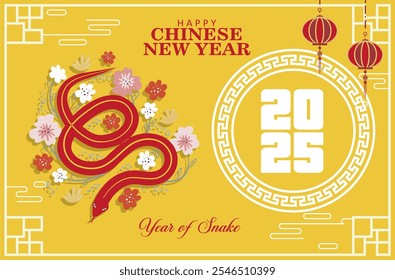 Happy 2025 Chinese new year, year of the snake banner design. Happy Lunar new year 2025 background, greeting, template, poster design with Chinese zodiac snake and floral illustration. 