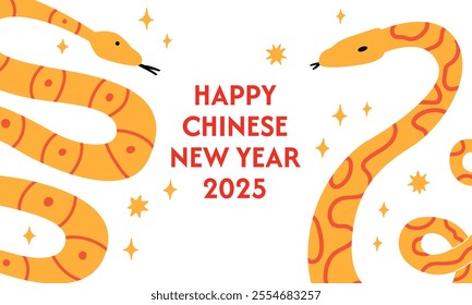 Happy 2025 chinese new year banner. Vector flat illustration of snakes for lunar new year. Mystical fantasy asian reptiles. Holiday greeting card template