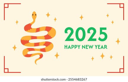 Happy 2025 chinese new year banner. Vector flat illustration of snake for lunar new year. Mystical fantasy asian reptile. Holiday greeting card template