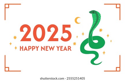 Happy 2025 chinese new year banner. Vector flat illustration of snake for lunar new year. Mystical fantasy asian reptile. Holiday greeting card or banner template