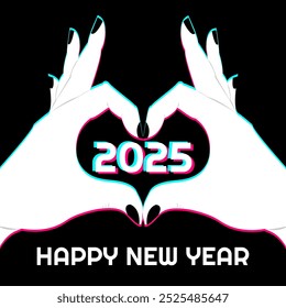 Happy 2025. Hands make heart sign. New year concept. Icon in the style of a popular social network. Icon for social media.  EPS10