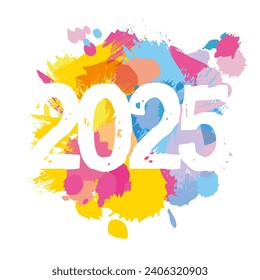 Happy 2025 holiday icon with watercolor spots. Creative concept. New Year logo. Web banner. Colorful design. Abstract background. Vector illustration.