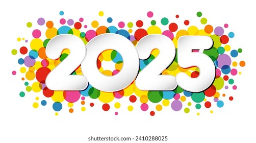 Happy 2025 horizontal banner with colorful texture. Realistic paper number 2 0 2 5 and colored background with transparent elements. Yellow, red, blue and green color. Internet icon. Website title.