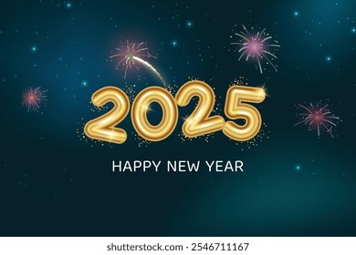 Feliz 2025 Año Nuevo Fondo Abstractas. Ilustración vectorial De La Celebración De La Víspera Del Año Nuevo Con Fuegos Artificiales En El Concepto De Midnight Sky Para Tarjeta De Felicitación, Sitio web, Anuncio, Etc.