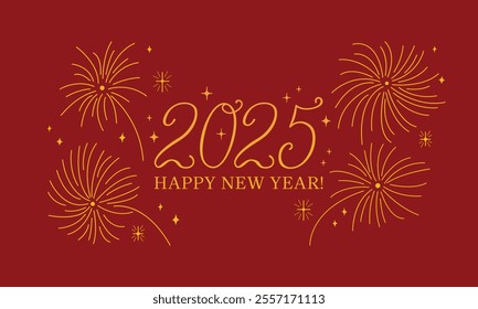 Happy 2025 new year banner with fireworks. Vector elegant hand drawn calligraphy lettering and line illustration. Holiday greeting card template
