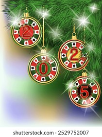 Happy 2025 new year card with casino xmas poker chip. vector illustration