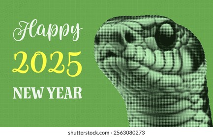 happy 2025 new year celebration poster banner card concept snake head retro vintage grunge dotted halftone cutout collage design chinese zodiac symbol green background