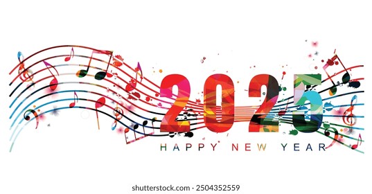 Happy 2025 New Year colorful vector illustration. Happy New Year banner with musical notes for seasonal holiday greeting cards, flyers and party invitations