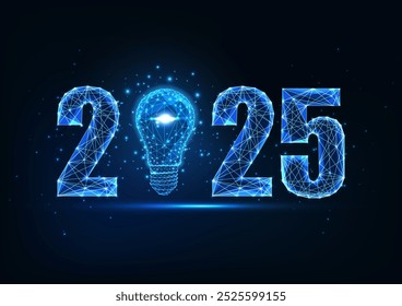 Happy 2025 New Year digital web banner template with futuristic glowing low polygonal 2025 digits and light bulb on dark blue background. Modern abstract connection design vector illustrator. 