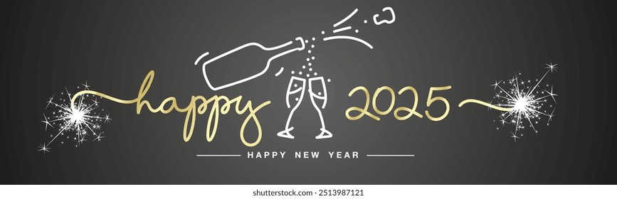 Happy 2025 New Year gold handwritten line design typography shapes 2025 with white sparkle firework and champagne bottle and glasses on black background banner