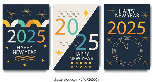 Happy 2025 New Year Greeting Card set. Design template Festive typographic poster, banner or greeting card with geometric shapes and figures Happy New Year. Vector illustration.