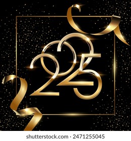 Feliz año Nuevo 2025 tarjeta de felicitación Plantilla de Vector. Navidades festivas de diseño de Anuncios de medios sociales con felicitaciones. Números dorados 2025 en marco con ilustración de confeti sobre fondo negro.