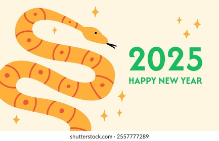 Happy 2025 new year greeting card with snake. Vector flat illustration of hand drawn reptile and stars. Symbol of lunar chinese new year