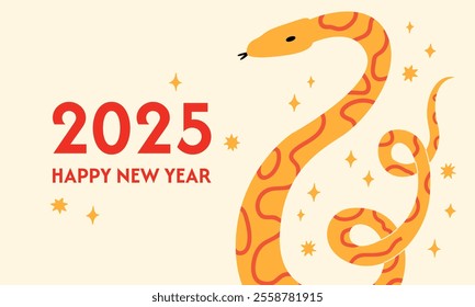 Happy 2025 new year greeting card with snake. Vector flat illustration of hand drawn reptile and stars. Symbol of lunar chinese new year