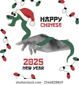 Happy 2025 New Year Halftone Collage theme. Perfect 2025 Chinese New Year greeting poster cover template design. Halftone hand and flat snake isolated white background. Vector illustration. EPS 10