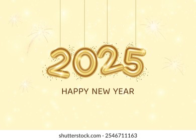 Happy 2025 New Year On Yellow Background. Vector Illustration Of New Year's Eve Celebration With Fireworks Concept For Greeting Card, Website, Banner Etc.