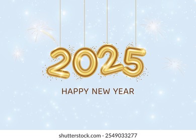 Happy 2025 New Year On Blue Background. Vector Illustration Of New Year's Eve Celebration With Fireworks Concept For Greeting Card, Website, Banner Etc.