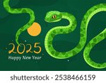 Happy 2025 New Year of the Snake, Lunar New Year or Chinese New Year. Green curved snake and full moon on a green background. Greeting card or banner. Zodiac animal cartoon character.