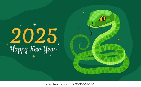 Happy 2025 New Year of the Snake, Lunar New Year or Chinese New Year. Zodiac animal cartoon character. Greeting card or banner with cute green snake, dark green background.