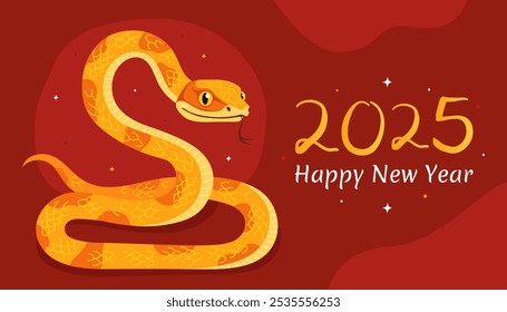 Happy 2025 New Year of the Snake, Lunar New Year or Chinese New Year. Zodiac animal cartoon character. Greeting card or banner with cute yellow snake, red background.